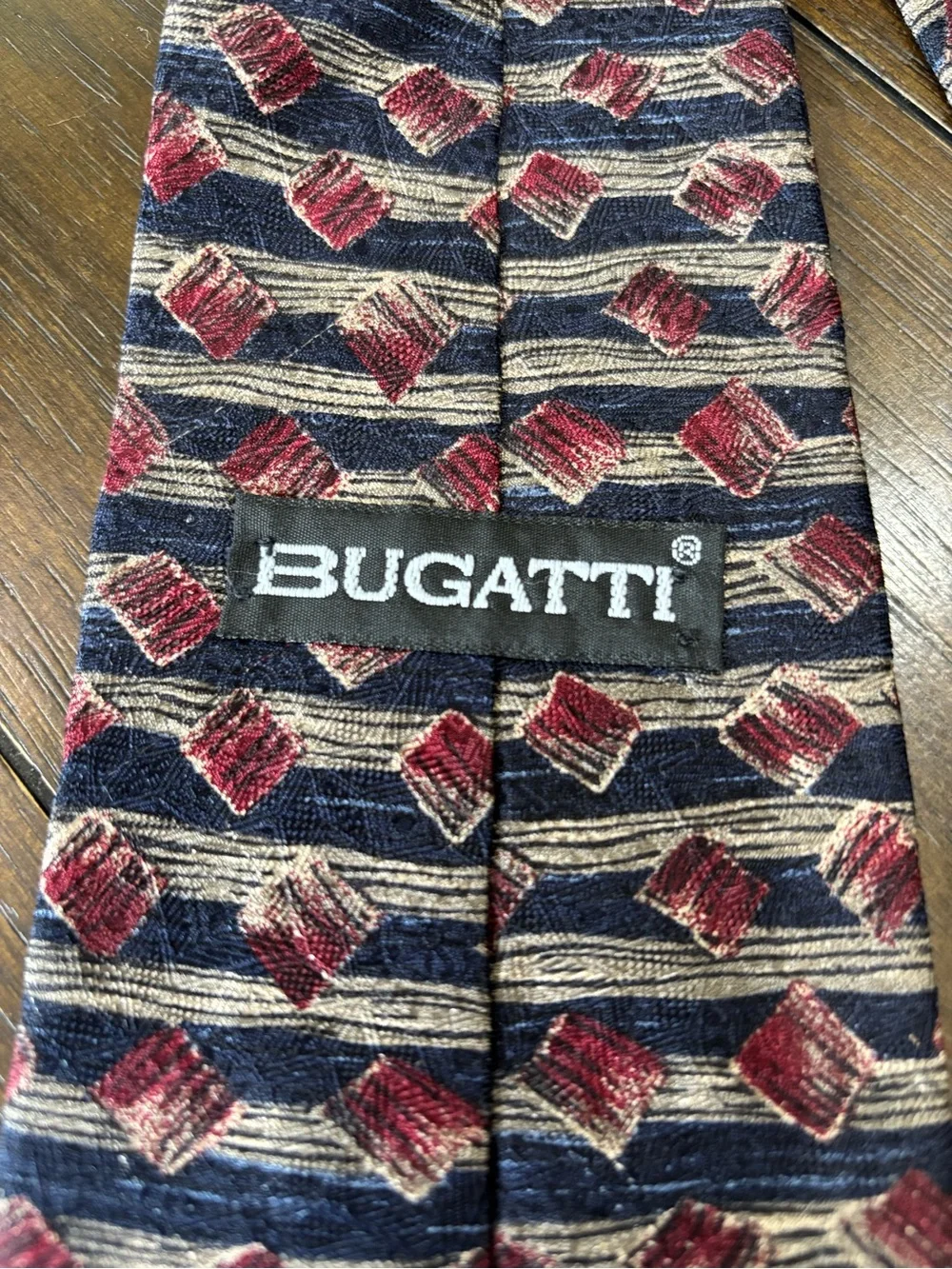 Bugatti 100% Italian Silk Geometric Necktie Navy Burgundy Made in USA